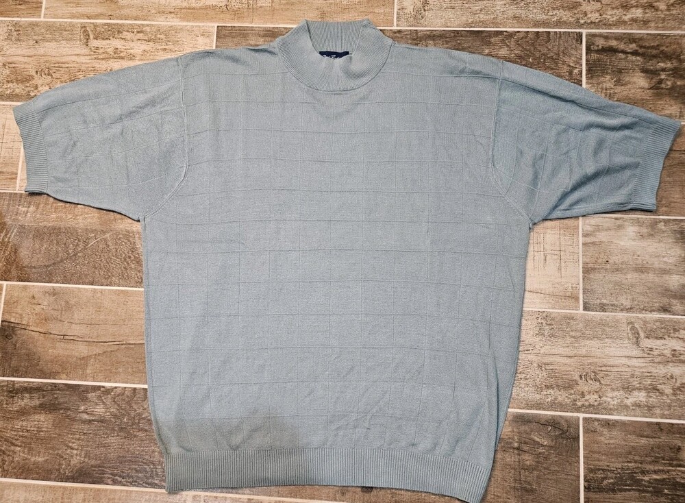 Paul Fredrick Silk Knit Mock Neck Shirt Men's XL Blue Sage Grid Textured